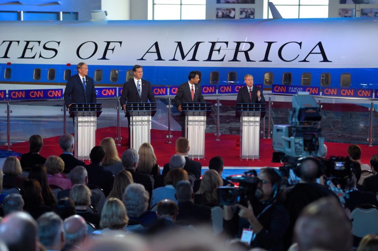Republican presidential candidates, former New York Gov. George Pataki, from left, former Pennsylvania Sen. Rick Santorum, Louisiana Gov. Bobby Jindal and Sen. Lindsey Graham, R-S.C., appear during the CNN Republican presidential debate Wednesday, Sept. 16, 2015, in Simi Valley, Calif. (AP Photo/Mark J. Terrill)