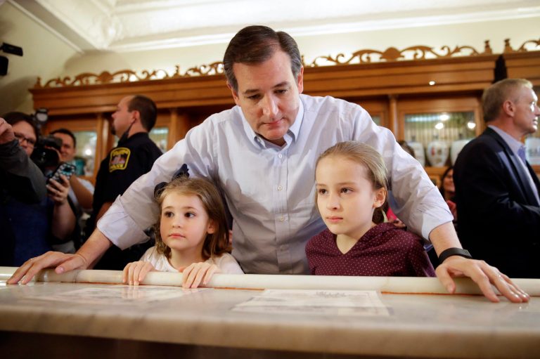 Sen. Ted Cruz with his daughters Caroline, right, and Catherine, in Columbus, Ind., on April 25. Cruz's ongoing school choice push, a topic he has consistently pushed since his 2012 election to the Senate, calls it the 