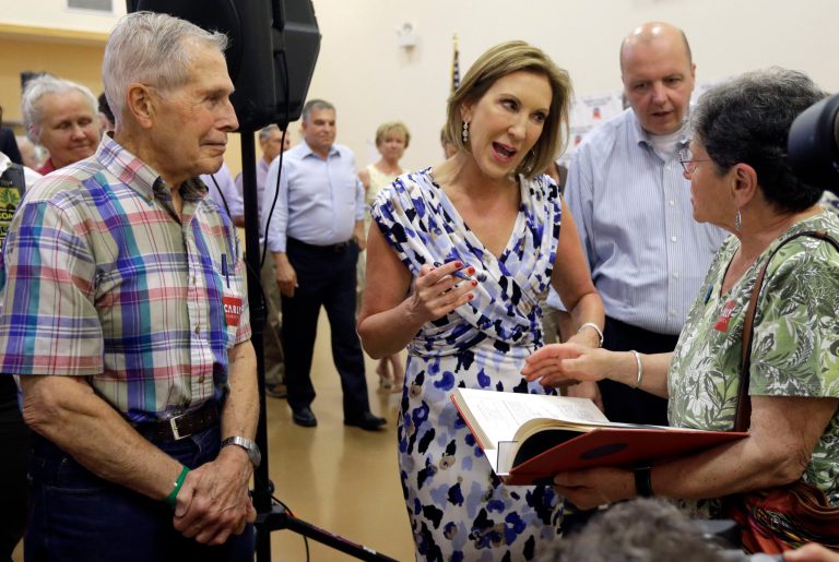 Republican presidential candidate Carly Fiorina greets potential voters, Monday, July 6, 2015, at a campaign town hall event in Barrington, N.H. (AP Photo)Â 