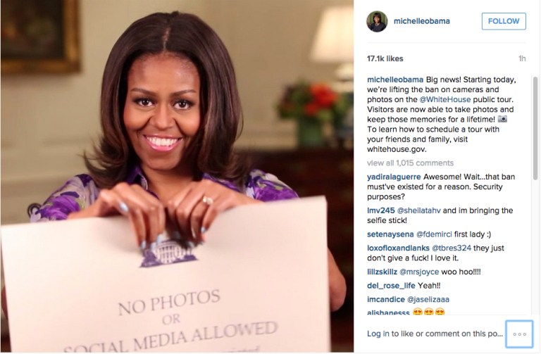 The White House took to social media to make the announcement, choosing a picture of first lady Michelle Obama tearing the 