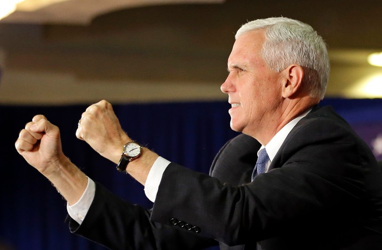 Republican vice presidential nominee Mike Pence told Florida voters that Donald Trump would lead America into outer space if elected president. (AP Photo/John Raoux)