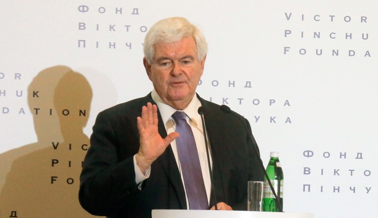 Former House Speaker Newt Gingrich argues the response to comedienne Kathy Griffin's gruesome photo holding a mock-up of President Trump's severed head would be far different had the head resembled President Obama. (AP Photo/Efrem Lukatsky)