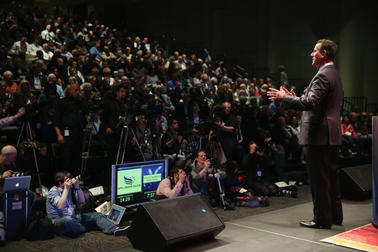 Former Pennsylvania Senator Rick Santorum speaks to guests gathered for the Iowa Faith and Freedom Coalition 2015 Spring Kickoff on April 25, 2015 in Waukee, Iowa. (Getty Images)