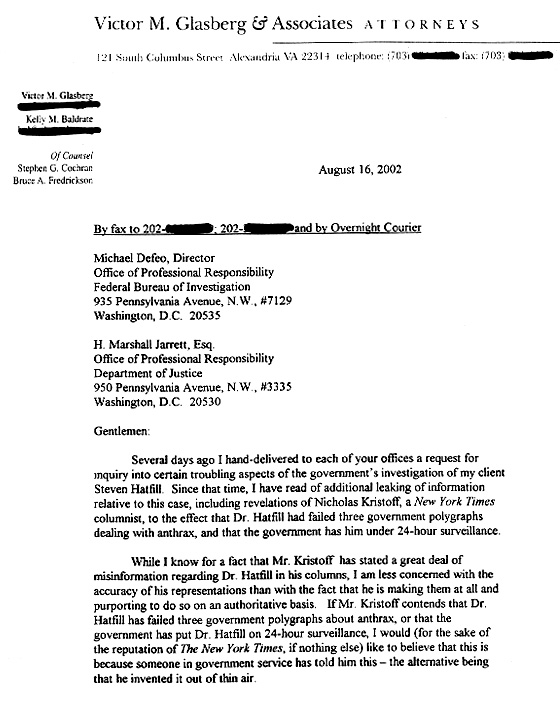 Glasberg Letter to FBI/DoJ, August 16, 2002