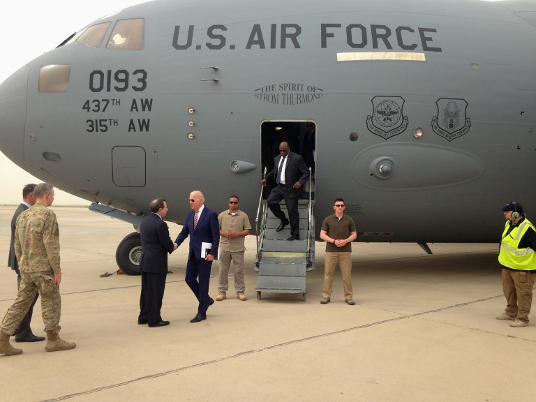 Vice President Joe Biden arrived in Baghdad on a visit intended to help Iraqi leaders resolve a political crisis that has hindered efforts to defeat the Islamic State group. (AP Photo/Josh Lederman)