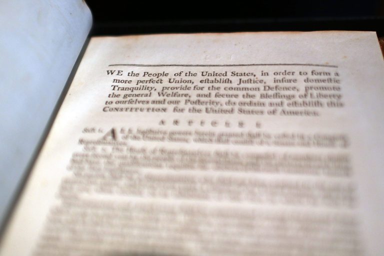 A copy of former President George Washington's personal copy of the Constitution and Bill of Rights is displayed at Christie's auction house on June 15, 2012 in New York City. (Photo by Spencer Platt/Getty images)