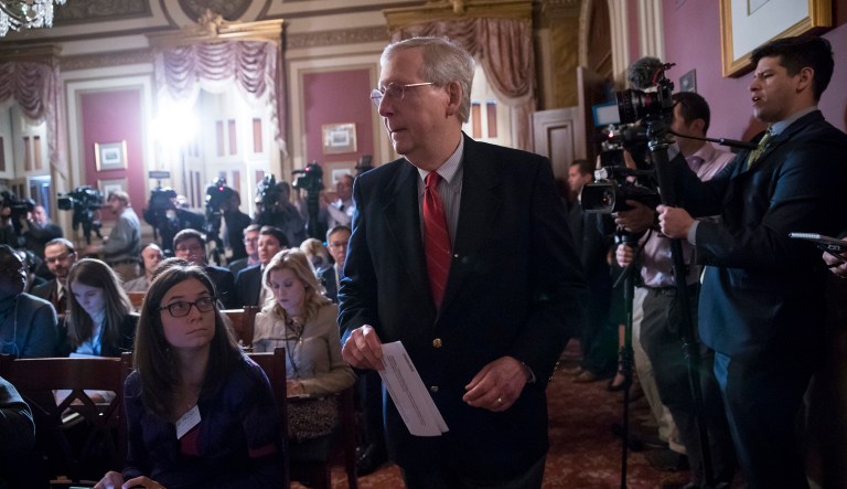 Senate Majority Leader Mitch McConnell said he has been in talks for the past several days with President Trump, Vice President Mike Pence, and chief of staff John Kelly about what to do with Alabama senatorial candidate Roy Moore. (AP Photo/J. Scott Applewhite)