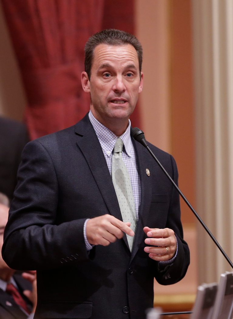 Sen. Steve Knight, R-Palmdale urges lawmakers to reject a measure that he called un-American, that would tie California's  corporate tax rate to executive compensation during the Senate session in Sacramento, Calif., Wednesday, May 28, 2014.  The bill, SB1173 by Sen. Mark DeSaulnier, D-Concord and Loni Hancock, D-Berkeley, fall short of majority support at 19-16 and has been put on call.(AP Photo/Rich Pedroncelli)