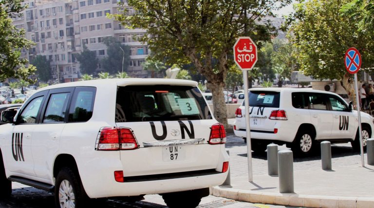   UN vehicles leave the Four Season Hotel in Damascus, Syria, Thursday, Aug. 29, 2013. U.N. experts investigating purported poison gas attacks left their Damascus hotel Thursday, but anti-regime activists said the team's destination was not immediately known. (AP Photo)  