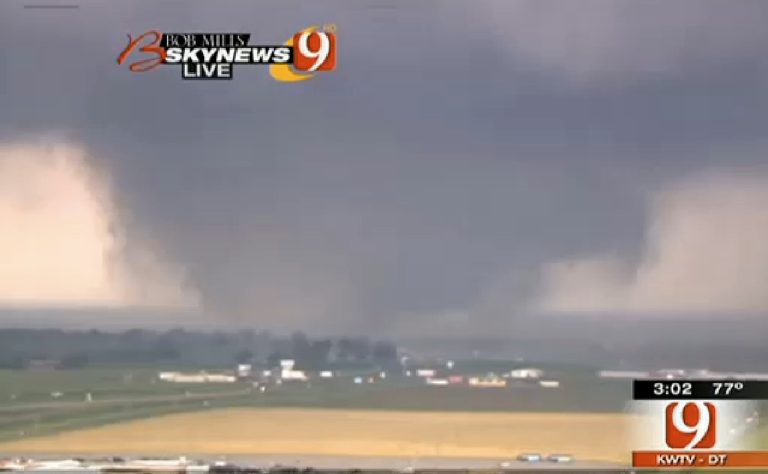 This frame grab provided by KWTV shows a tornado in Oklahoma City on Monday. Television footage shows flattened buildings and fires after a mile-wide tornado moved through the Oklahoma City area. (AP Photo/Courtesy KWTV)