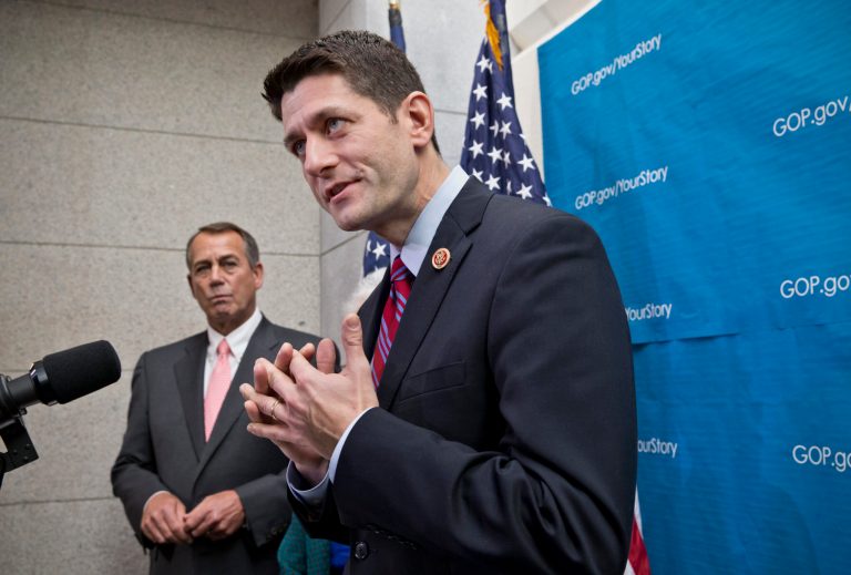 House Budget Committee Chairman Rep. Paul Ryan, R-Wis., right, accompanied by House Speaker John Boehner of Ohio, left, takes reporters' questions as during a news conference on Capitol Hill in Washington, Wednesday, Dec. 11, 2013, as House Republicans signaled support for a budget deal worked out yesterday between Ryan and Senate Budget Committee Chair Sen. Patty Murray, D-Wash. (AP Photo/J. Scott Applewhite)