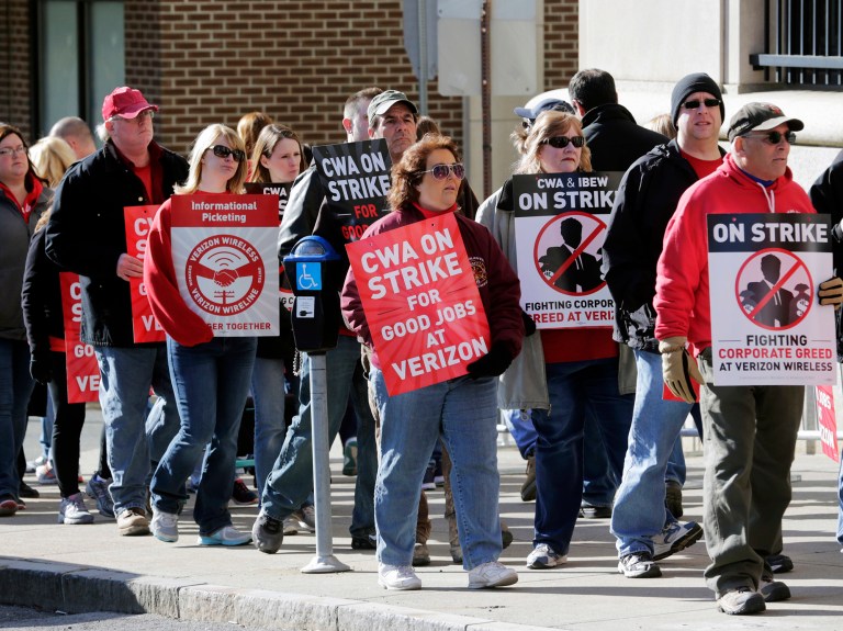 The Verizon strike cost 35,000 jobs, according to the Bureau, but those jobs will be added back in future months. (AP Photo/Mike Groll)