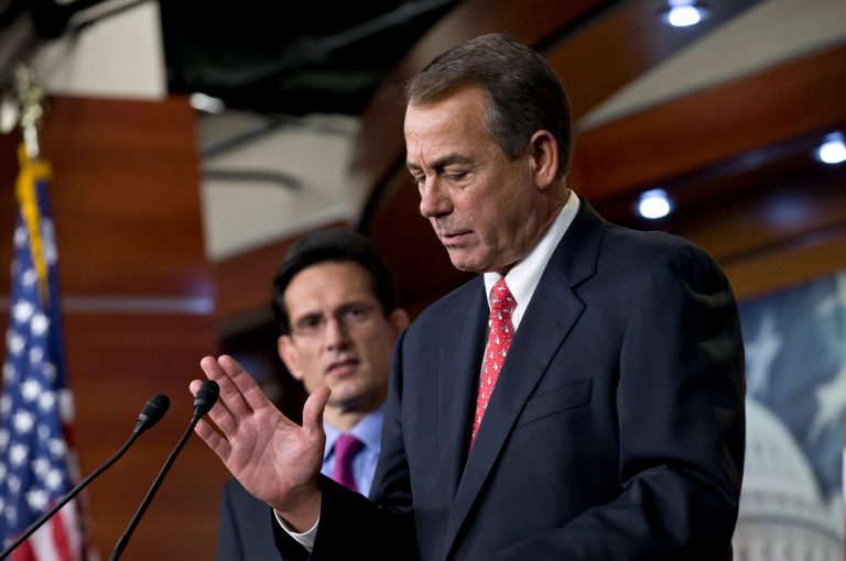   Speaker of the House John Boehner, R-Ohio, joined by House Majority Leader Eric Cantor, R-Va., left, speaks to reporters about the fiscal cliff negotiations at the Capitol in Washington, Friday, Dec. 21, 2012. Hopes for avoiding the 