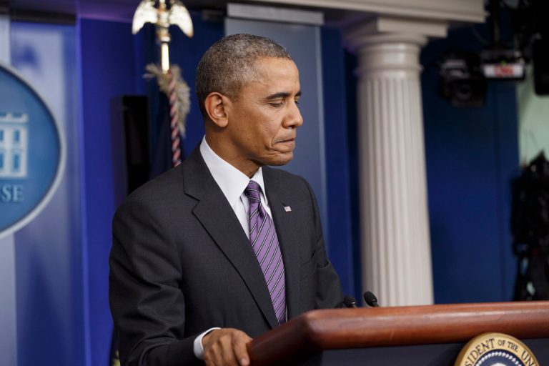 President Barack Obama pauses as he speaks in the briefing room of the White House in Washington, Thursday, April 17, 2014. The president spoke about health care overhaul and the situation in Ukraine. (AP Photo/J. Scott Applewhite)