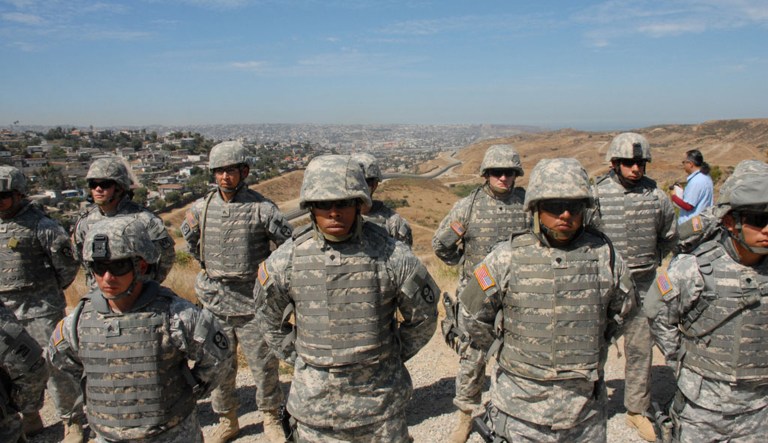 Members of the California National Guard stand in formation before undertaking operations on California's Southern border. 