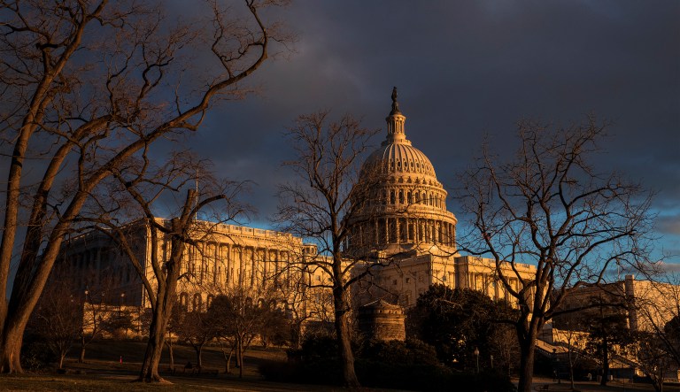 The Capitol is seen under dark skies at sunset after the Senate rejected competing Democratic and Republican proposals for ending the partial government shutdown, which is the longest in the nation's history, in Washington, Thursday, Jan. 24, 2019.