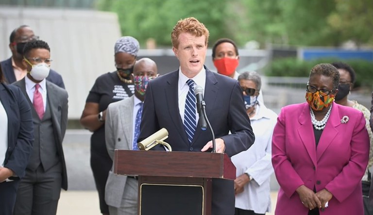 Rep. Joe Kennedy III, a Democrat from Massachusetts, holds a campaign speech.