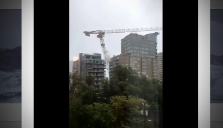 A crane in Halifax, Nova Scotia, is seen before it falls down during Hurricane Dorian.