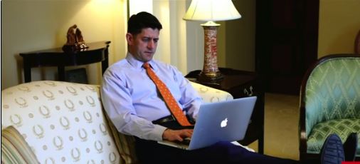 As part of a comedy skit for the White House Correspondents Dinner on Saturday, House Speaker Paul Ryan tries to rewrite his LinkedIn bio on his computer.