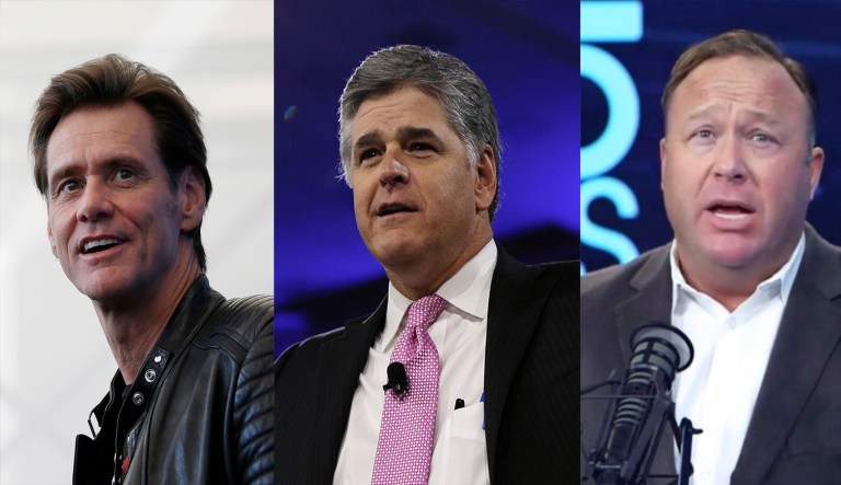 Jim Carrey, Sean Hannity, and Alex Jones.