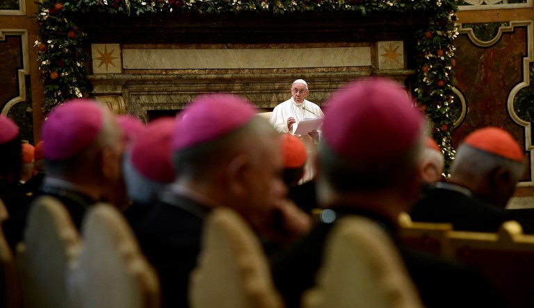 Pope Francis delivers his speech during the traditional greetings to the Roman Curia, at the Vatican, Friday, Dec. 21, 2018.