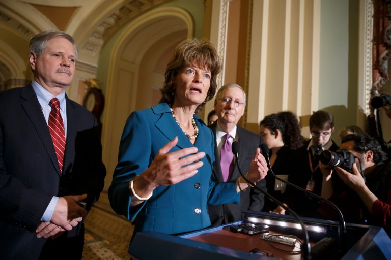 From left, Sen. John Hoeven, R-N.D., sponsor of the Keystone XL pipeline bill, Senate Energy and Natural Resources Committee Chair Lisa Murkowski, R-Alaska, and Senate Majority Leader Mitch McConnell, R-Ky., meet with reporters after winning a critical procedural vote on the Keystone XL Pipeline bill, at the Capitol in Washington, Thursday, Jan. 29, 2015. (AP Photo/J. Scott Applewhite)