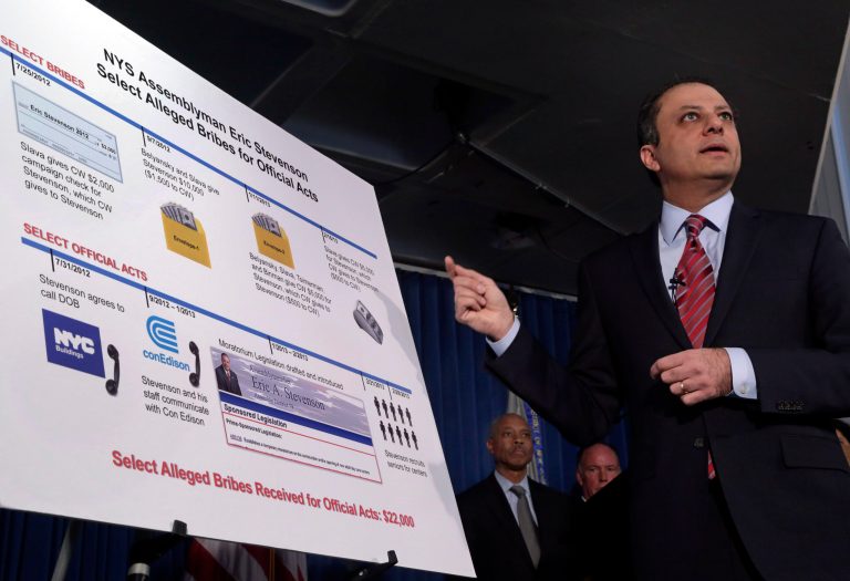 U.S. Attorney Preet Bharara gestures to a chart during a news conference in New York, Thursday, April 4, 2013. New York state Assemblyman Eric Stevenson, a Democrat, was arrested in a bribery investigation that also led another state assemblyman charged with crimes to cooperate with the understanding that he would resign his position with the arrests of Stevenson and four other defendants.(AP Photo/Richard Drew)