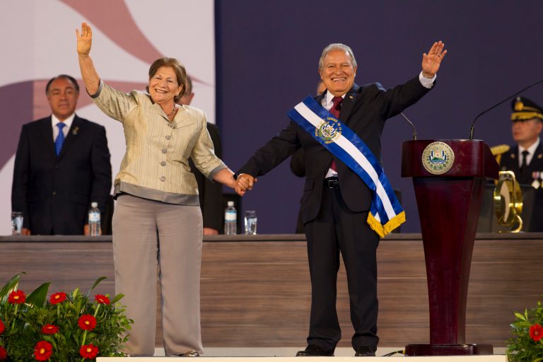 El Salvador's incoming President, Salvador Sanchez Ceren, right, and his wife Margarita Villalta wave during his swearing in ceremony in San Salvador, El Salvador, Sunday, June 1, 2014. (AP Photo/Moises Castillo)