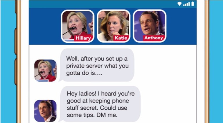 The ad opens with a text conversation involving Katie McGinty asking Hillary Clinton how to 
