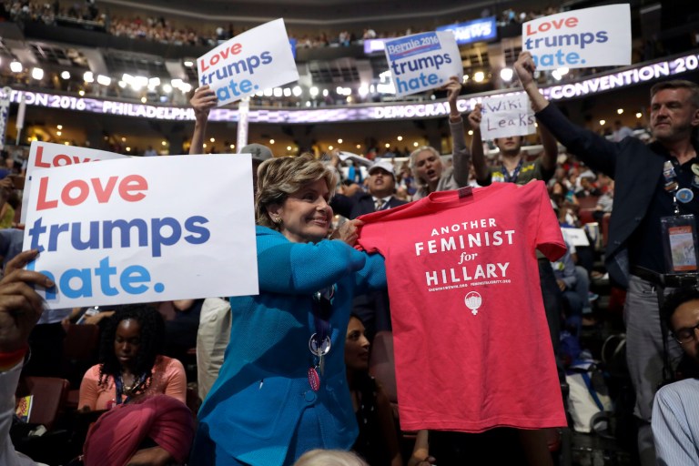 The idea of gender discrimination ran through many speeches at the Democratic convention. (AP Photo/Matt Rourke)