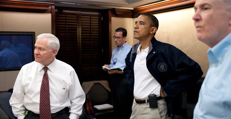 WASHINGTON, DC - MAY 1: In this photo provided by The White House, Secretary of Defense Robert Gates (L), President Barack Obama (2nd-R) and National Security Advisor Tom Donilon (R) attenda a meeting in the Situation Room on May 1, 2012 in Washington, DC. President Barack Obama's national security team held a series of meeting to discusss Osama bin Laden. (Photo by Pete Souza/White House Photo via Getty Images)