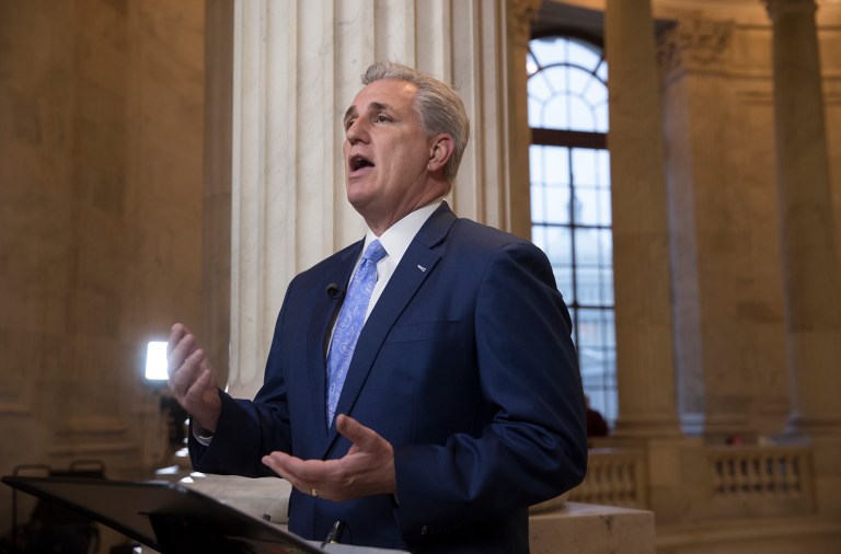 House Majority Leader Kevin McCarthy discusses the move by House Republicans to eviscerate the independent Office of Government Ethics, during a network television interview on Capitol Hill in Washington, Tuesday, Jan. 3, 2017. (AP Photo/J. Scott Applewhite)