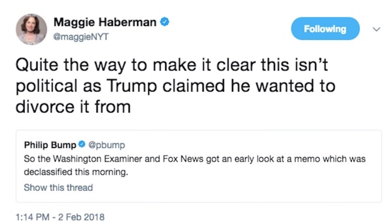 The New York Times' Maggie Haberman took a shot at the Washington Examiner and Fox News Friday after the outlets were the first to break the story on the House Intelligence memo detailing alleged surveillance abuses. (screenshot)
