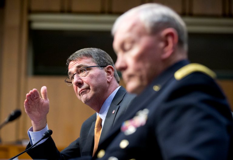 Defense Secretary Ash Carter, left, and Joint Chiefs Chairman Gen. Martin Dempsey, testify on Capitol Hill in Washington, Tuesday, March 3, 2015, before the Senate Armed Services Committee hearing to review the defense authorization request for fiscal 2016 and the future years defense program. (AP Photo/Manuel Balce Ceneta)