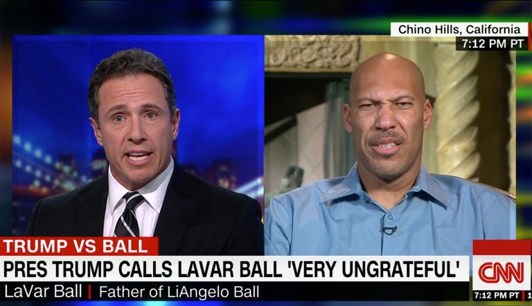 LaVar Ball, the father of one of the three UCLA basketball players caught shoplifting in China, told CNN's Chris Cuomo Monday night that he would have thanked President Trump personally if he had also flown his son home, instead of just freeing them from a Chinese jail. (screenshot)