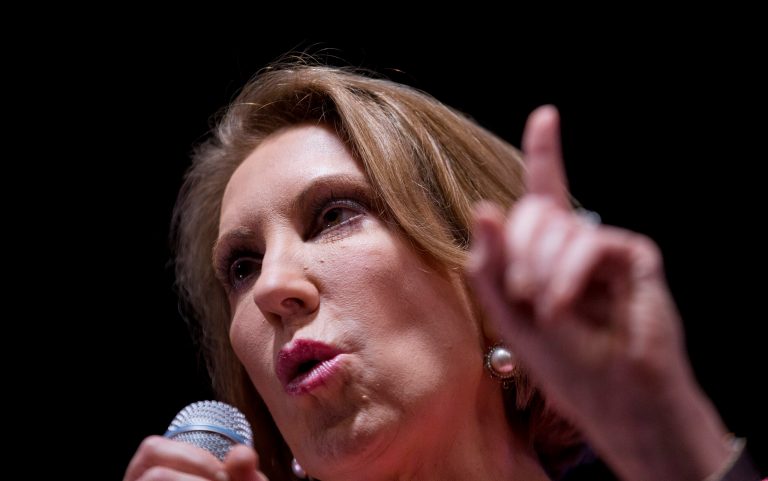 Republican presidential candidate Carly Fiorina speaks at the RedState Gathering, Friday, Aug. 7, 2015, in Atlanta. (AP Photo/David Goldman)