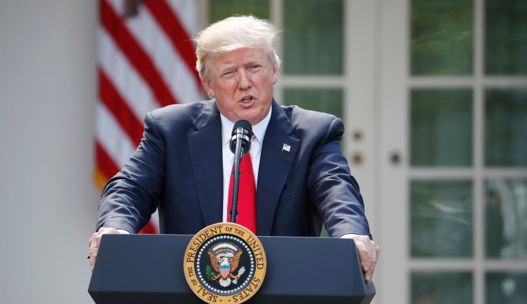 President Trump speaks about the U.S. role in the Paris climate change accord. (AP Photo/Pablo Martinez Monsivais)