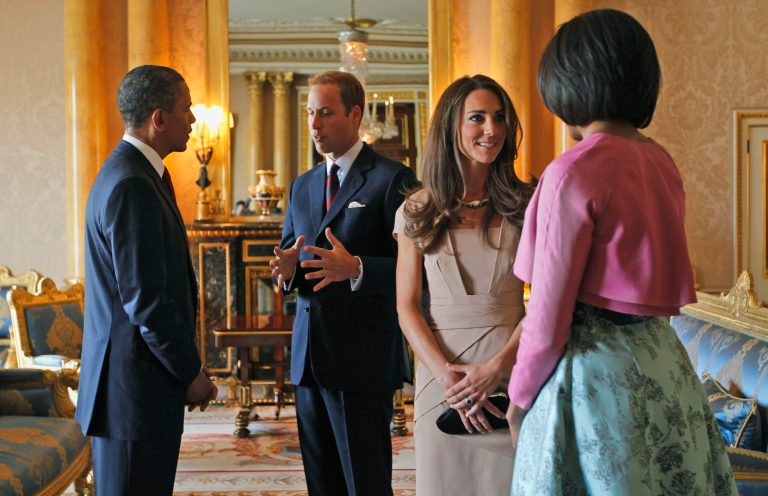 US President Barack Obama and First Lady Michelle Obama meet with Prince William, Duke of Cambridge and Catherine, Duchess of Cambridge at Buckingham Palace.Â (Charles Dharapak - WPA Pool/Getty images)