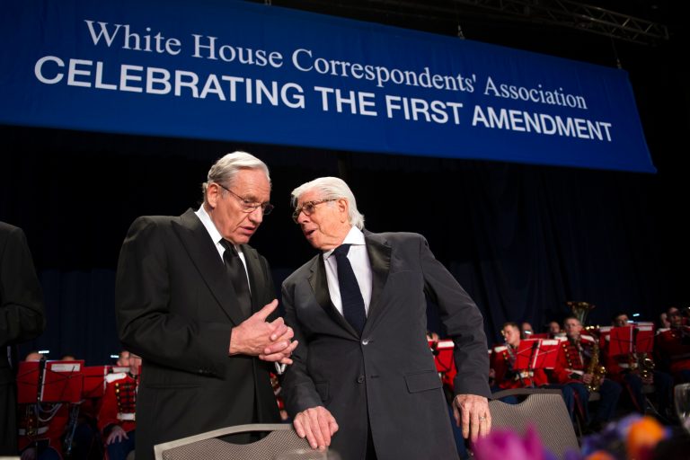 Bob Woodward, left, talks with Carl Bernstein during the White House Correspondents' Dinner in Washington, Saturday, April 29, 2017. (AP Photo/Cliff Owen)