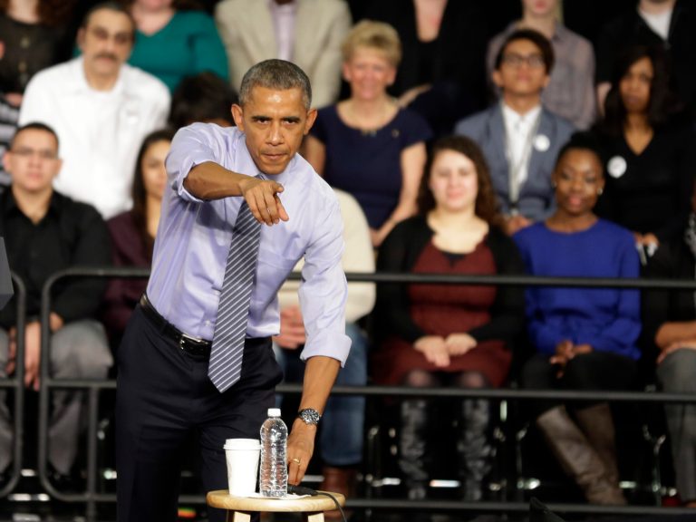 President Obama takes questions after he spoke at Ivy Tech Community College in Indianapolis, Friday, Feb. 6, 2015. Obama is promoting his budget proposal to make two years of community college free. (AP Photo/Michael Conroy)
