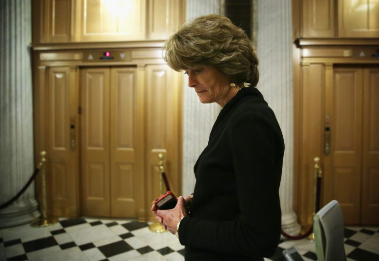 Sen. Lisa Murkowski leaves after a cloture vote on the Keystone XL Pipeline January 26, 2015 on Capitol Hill in Washington. (Photo by Alex Wong/Getty images)