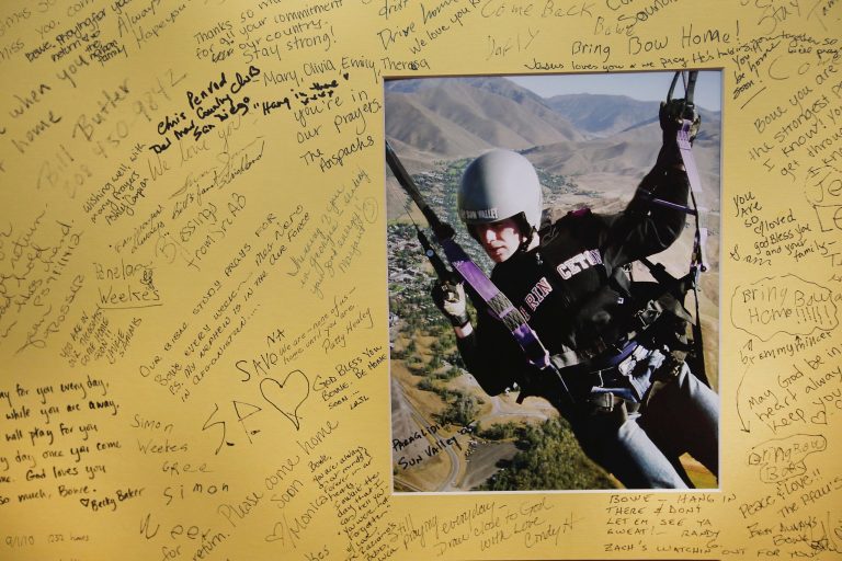 A poster showing support for Sgt. Bowe Bergdahl and signed by guests is taped to the wall inside Zaney's coffee shop where Bergdahl worked as a teenager on June 2, 2014 in Hailey, Idaho. (Photo by Scott Olson/Getty Images)