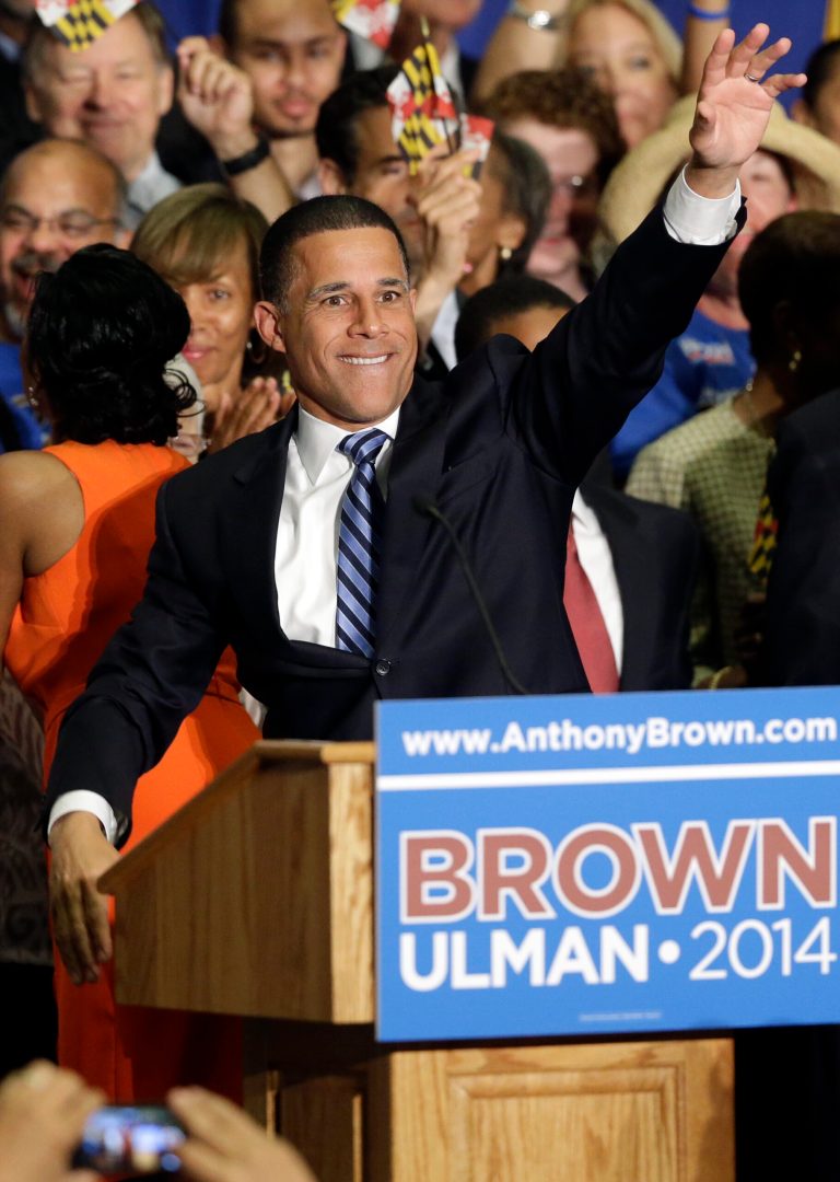 Maryland Democratic gubernatorial candidate, Lt. Gov. Anthony Brown acknowledges supporters at an election night party after winning the Democratic primary, Tuesday, June 24, 2014, in College Park, Md. The victory marked a major step forward toward Brown becoming Maryland's first black governor. (AP Photo/Patrick Semansky)