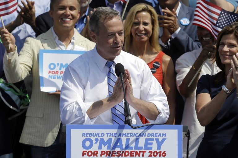 Former Maryland Gov. Martin O'Malley addresses supporters during an event to announce that he is entering the Democratic presidential race, Saturday, May 30, 2015, in Baltimore. O'Malley has presented himself to voters as a next-generation leader for the party, pointing to his record as governor on issues such as gay marriage, immigration, economic issues and the death penalty. (AP Photo/Patrick Semansky)