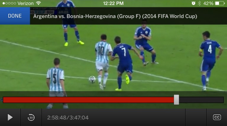This screen shot taken from the Watch ESPN mobile app shows action during a group F World Cup soccer match between Argentina and Bosnia-Herzegovina at the Maracana Stadium in Rio de Janeiro, Brazil, Sunday, June 15, 2014. (AP Photo/Watch ESPN)