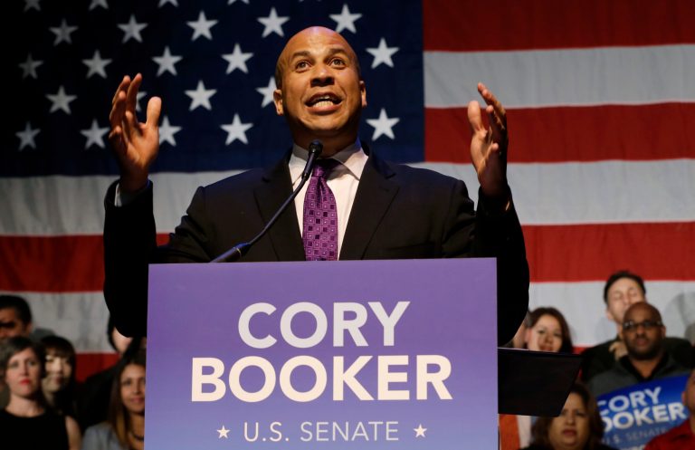 Newark Mayor Cory Booker talks to supporters during an election night victory party after winning a special election for the U.S. Senate on Wednesday in Newark, N.J. (AP/Julio Cortez)