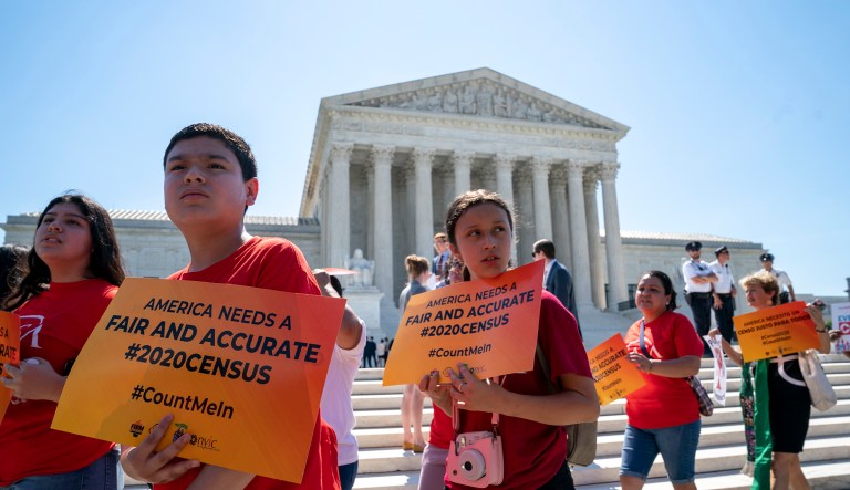 Young demonstrators gather at the Supreme Court as the justices finish the term with key decisions on gerrymandering and a census case involving an attempt by the Trump administration to ask everyone about their citizenship status in the 2020 census, on Capitol Hill in Washington, Thursday, June 27, 2019.