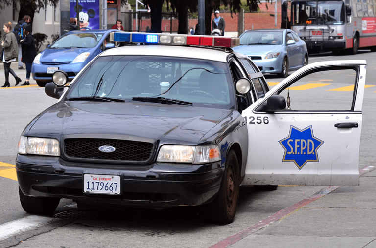 A car belonging to the San Francisco Police Department is seen.