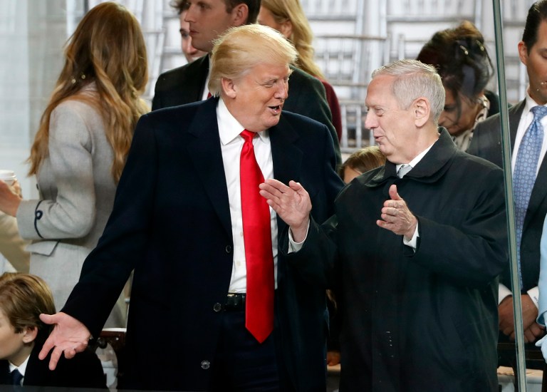 President Trump talks to James Mattis as they view the 58th Presidential Inauguration parade in Washington on Friday, Jan. 20, 2017. (AP Photo/Pablo Martinez Monsivais)