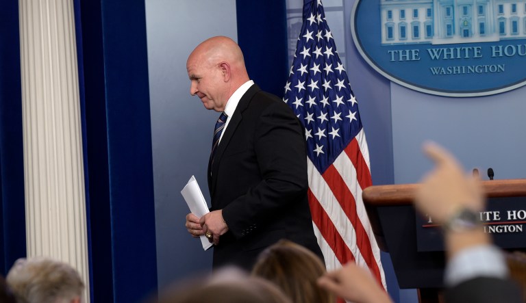 National Security Adviser H.R. McMaster leaves following a briefing at the White House in Washington, Tuesday, May 16, 2017. President Donald Trump claimed the authority to share 